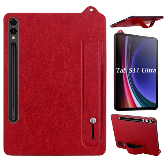 Decase Slim Premium Leather Case for Samsung Galaxy Tab S11 Ultra 14.6" 2025,Shockproof Hand Wrist Strap Stand Case Soft Bumper Thin Cover for Tab S11 Ultra,Red
