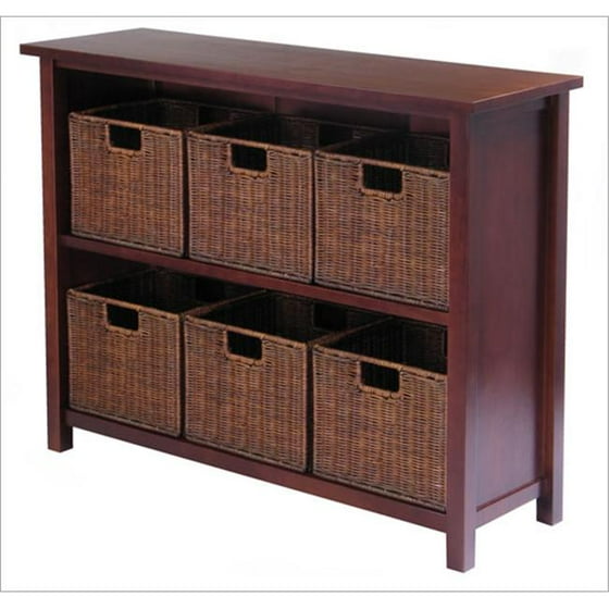 Winsome 94510 Milan 7 Piece Storage Shelf with Baskets - One Cabinet and 6 Small Baskets - Antique Walnut