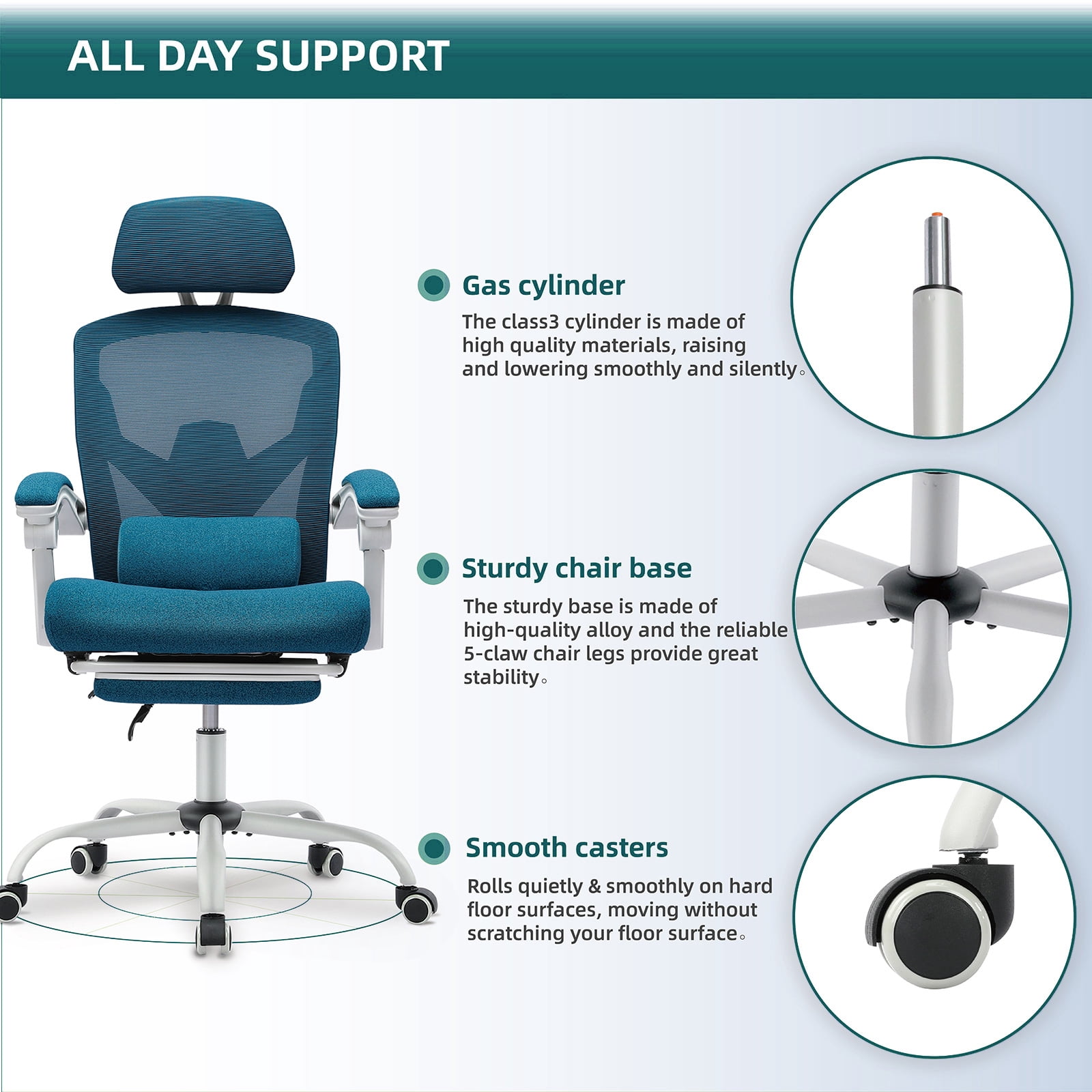 Retractable Footrest Ergonomic Swivel Office Chair with Lumbar Support Pillow and Padded Armrests