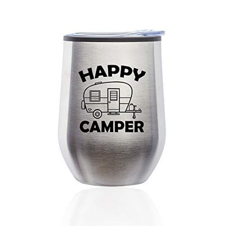 

Stemless Wine Tumbler Coffee Travel Mug Glass with Lid Happy Camper (Silver)