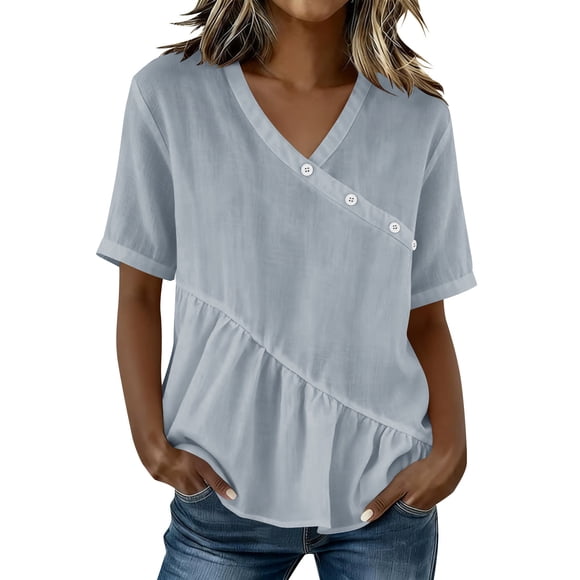 cfhntfmh Linen Shirts for Women Summer Vintage Vacation Tees Shirt V Neck Button up Blouse Short Sleeve Office Work Tops