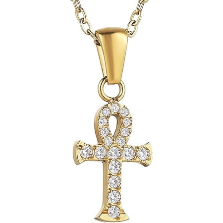 1 Ct Round Cut Lab Created Diamond Egyptian Ankh Cross Pendant Necklace 14K Yellow Gold Plated