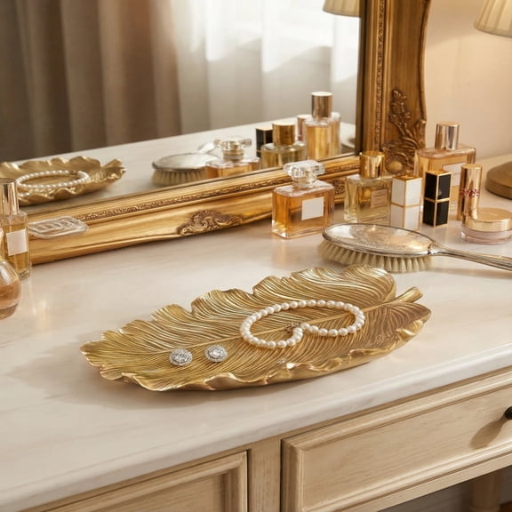 Gold Leaf-Shaped Resin Decorative Tray, Textured Centerpiece for Coffee Table and Countertop Display
