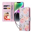 thumbnail image 1 of Compatible avec iPhone 14 Étui Rétro Fleur Dorée en Cuir PU Blocage RFID Portefeuille, 1 of 5