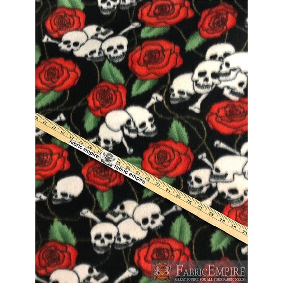 Fleece Printed Fabric SKULLS BONES ROSES AND THORNS / 58" Wide / Sold by the yard FE-N-253