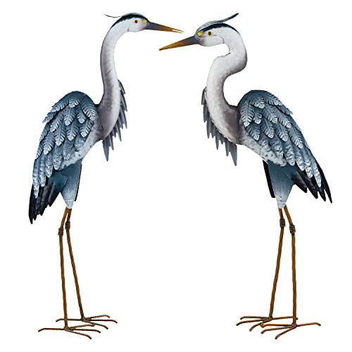 Grey Heron Pair Metal Garden Statues Bird Sculpture Crane Egret Gray 42"H & 36"H 