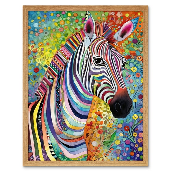 Folk Art Zebra Colourful Flower Boho Art Print Framed Poster Wall Decor 12x16 inch