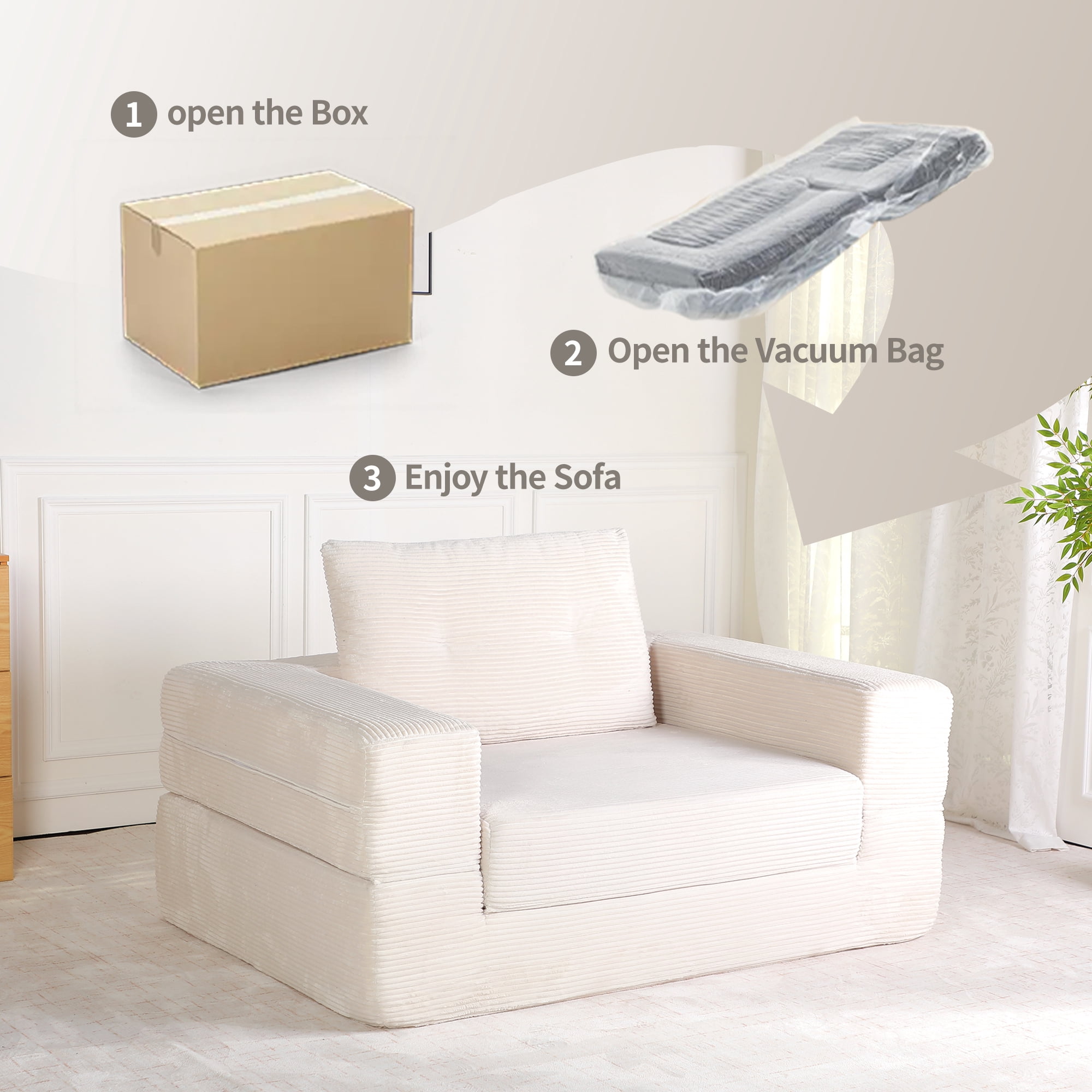 Leumius Single Sofa Bed with Pillow,Boneless Folding Sofa Bed for Living Room Bedroom,No Assembly Required,Beige