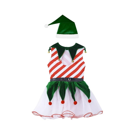 Aislor Girls Elf Dress Christmas Striped Sleeveless Velvet Splice Mesh Tutu Skirt Leotard Dancewear Red 8