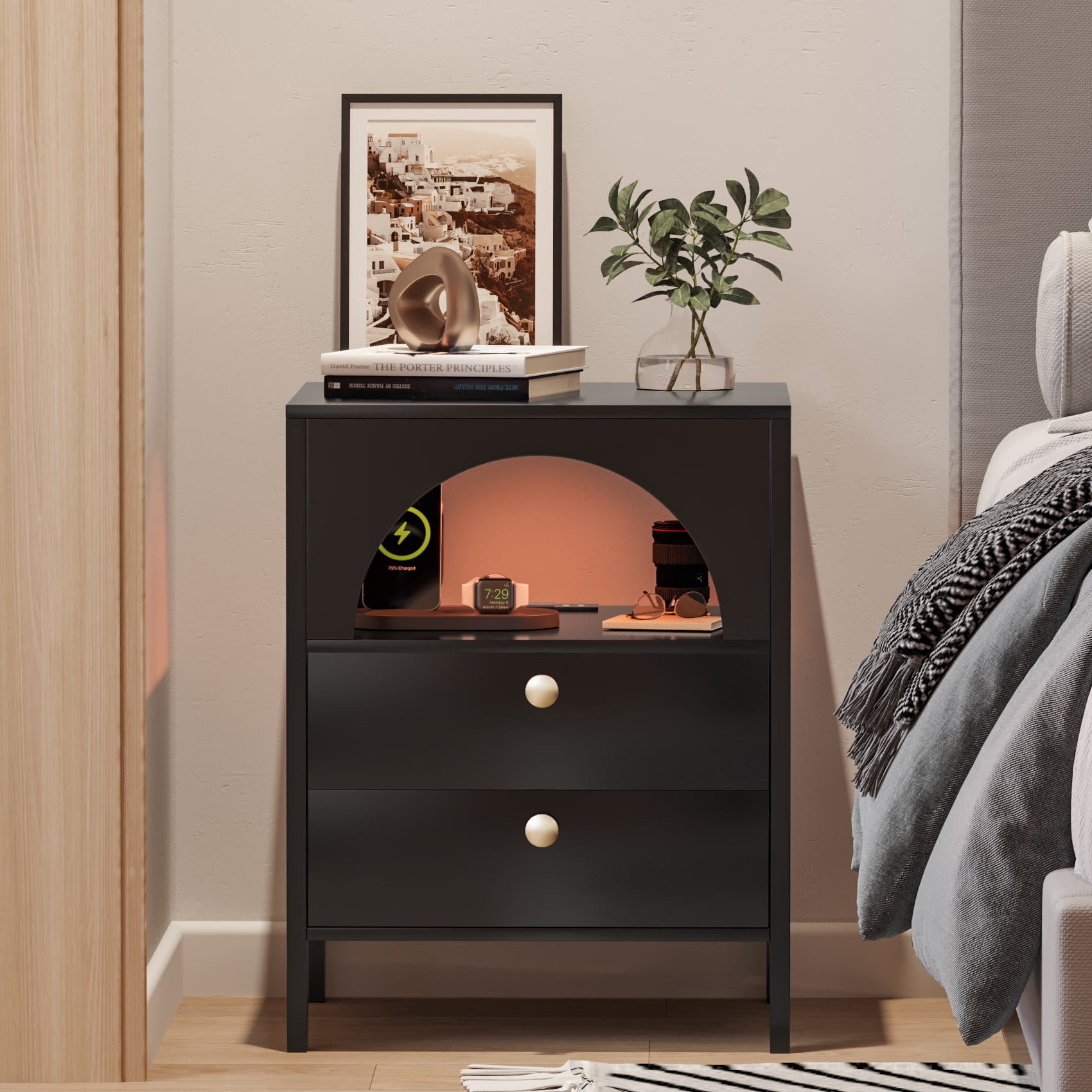 Semiocthome Modern Nightstand with Charging Station 2 Drawer,Bedside Table with USB Port,Black,Adult
