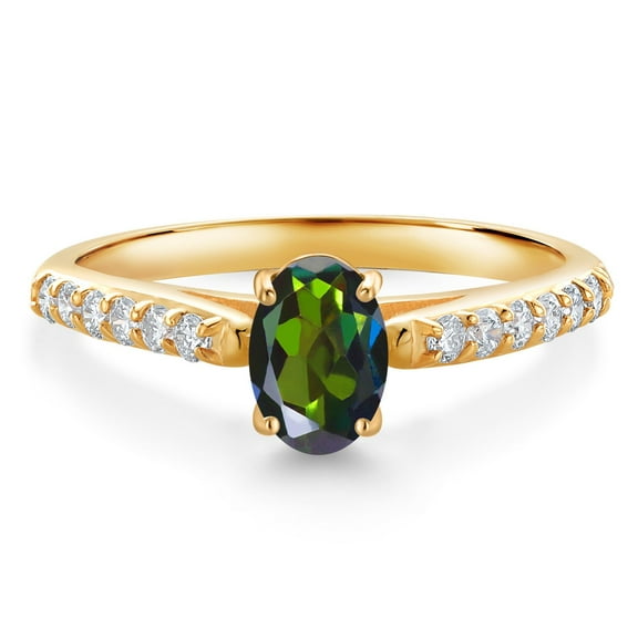 Gem Stone King 10K Yellow Gold Tourmaline Green Mystic Topaz and White Lab Grown Diamond Engagement Ring for Women (0.98 Cttw, Oval 7X5MM, Gemstone Birthstone, Size 7)