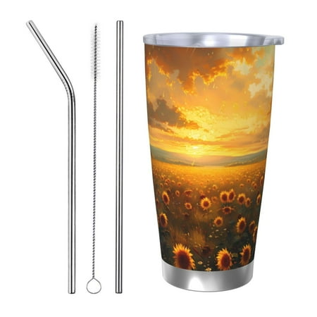 

Gaeub Sunflower Sunset Rainfall Print 20-Ounce Stainless Steel Car Cup Tumblers Cups with Lids and Straw Coffee Cups for Adults Kids Home Car Office School Travel Party-Straw Three-piece Set