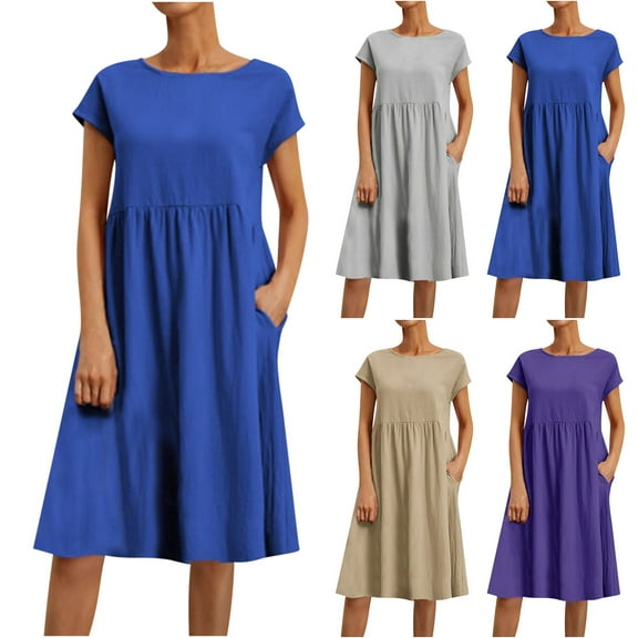 Jinhomg Women's Summer Midi Dress Casual Loose Solid Cotton Linen T-Shirt Dress Plus Size Comfy Short Sleeve Crew Neck Vacation Dresses Blue XXL