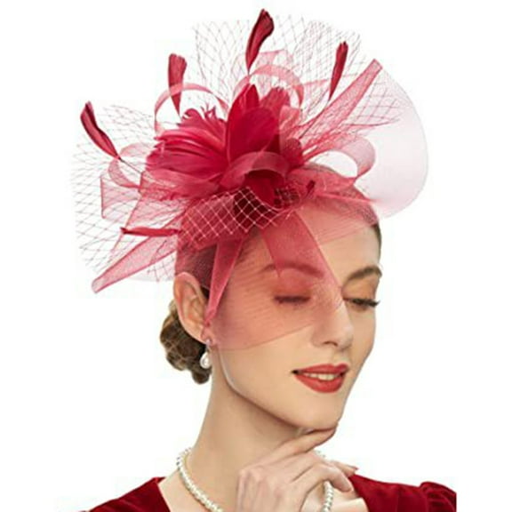 HuangHuanChen Women's Fascinators Headwear Retro Big Mesh Flower Hair Clip Prom Headdress Festival Lady Headband Hair Accessories Red