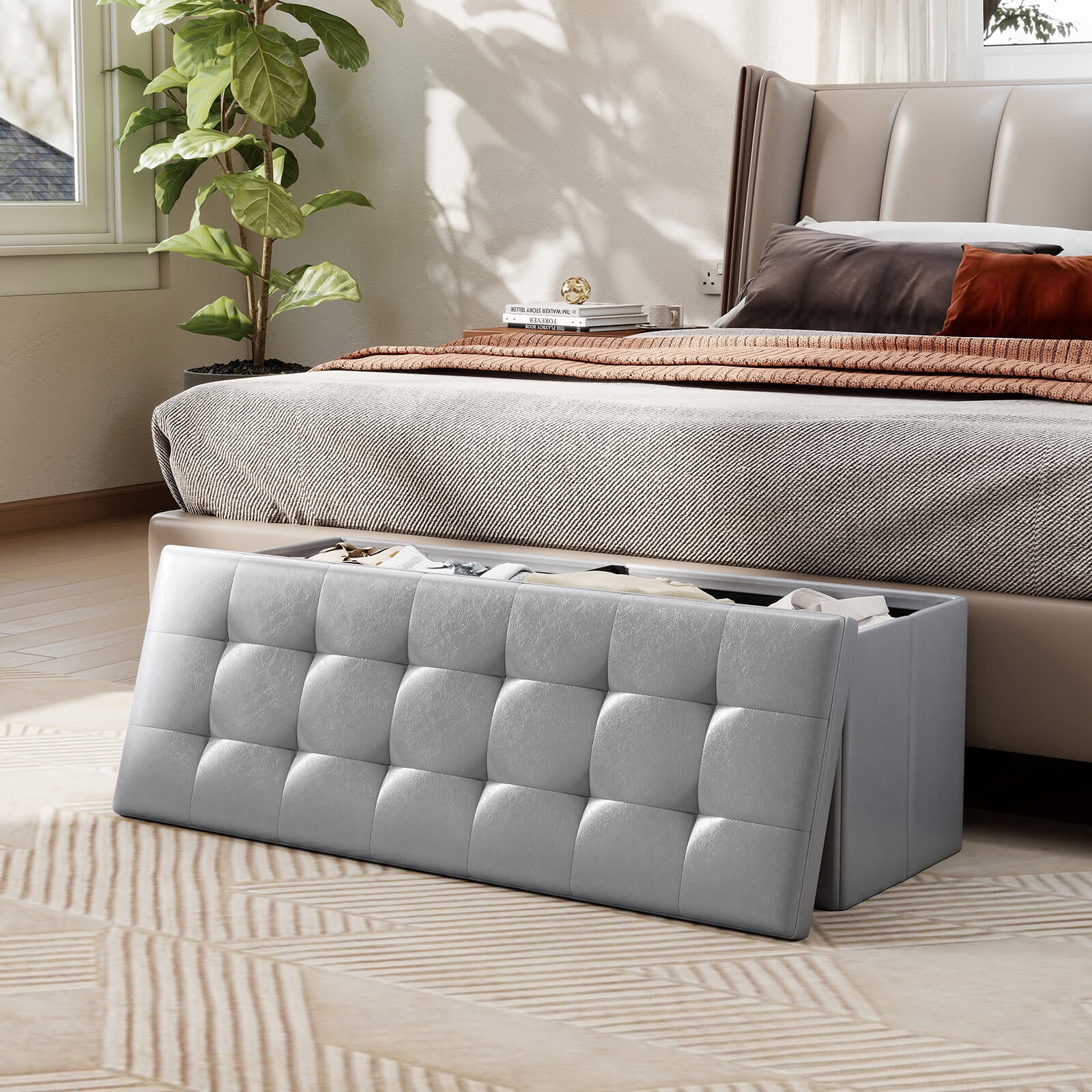 Costway 43 Inches Folding Storage Ottoman Bench with Side Pocket Storage Chest Dark Gray