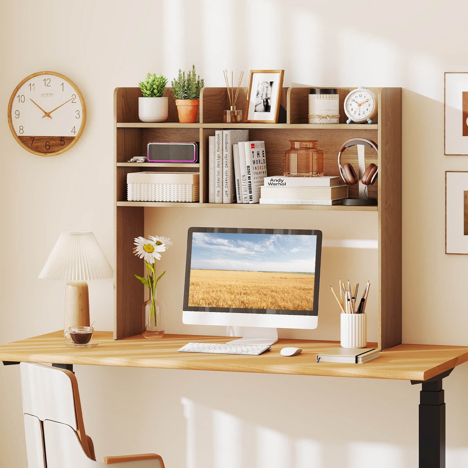 Costway 3-Tier Desktop Bookshelf with 6 Shelves Desk Organizer for Computer Desk Natural