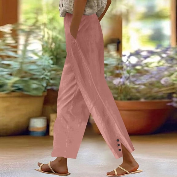 Cropped Linen Pants Women 2026 Summer Loose Fit Casual Gauze Pant Elastic Waist Capri Beach Trouser with Pockets Pink XL