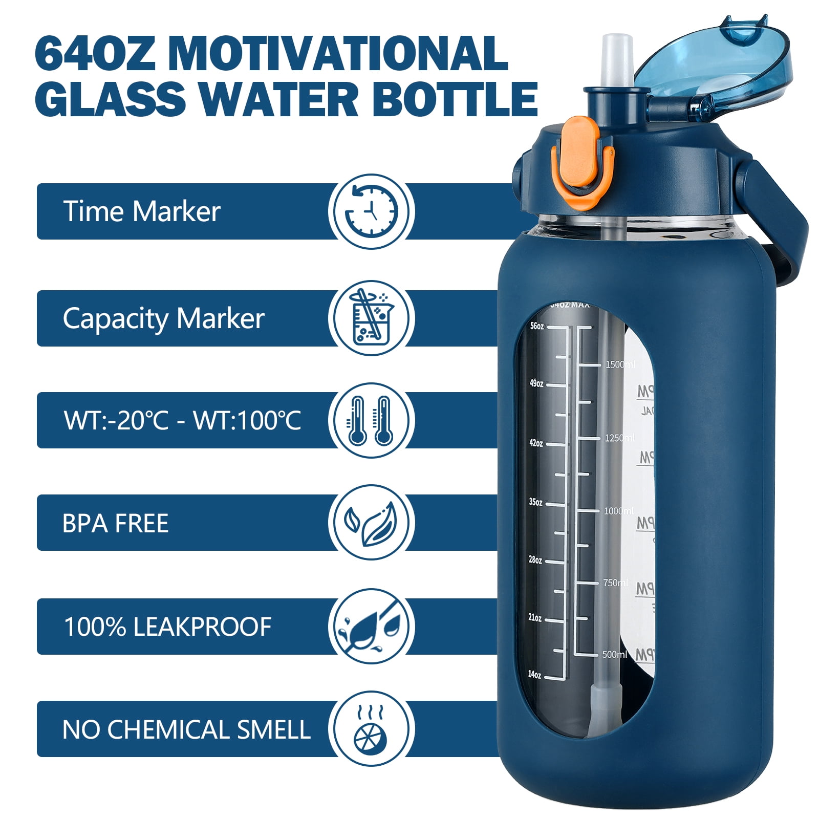 MUKOKO 64oz Glass Water Bottles, Motivational Glass Bottle with Silicone Sleeve, Straw and Time Marker, Leakproof Large Half Gallon Glass Water Jug for Gym Home Office, Blue