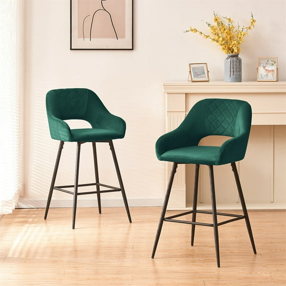 Bar Stools Set of 2,Velvet Breakfast Dining Bar Stools,Fixed Height Bar Chairs with Metal Frame and Footrest,Modern Counter Height Bar Chairs with Arms and Back for Cafe Pub Kitchen Dining Room,Green