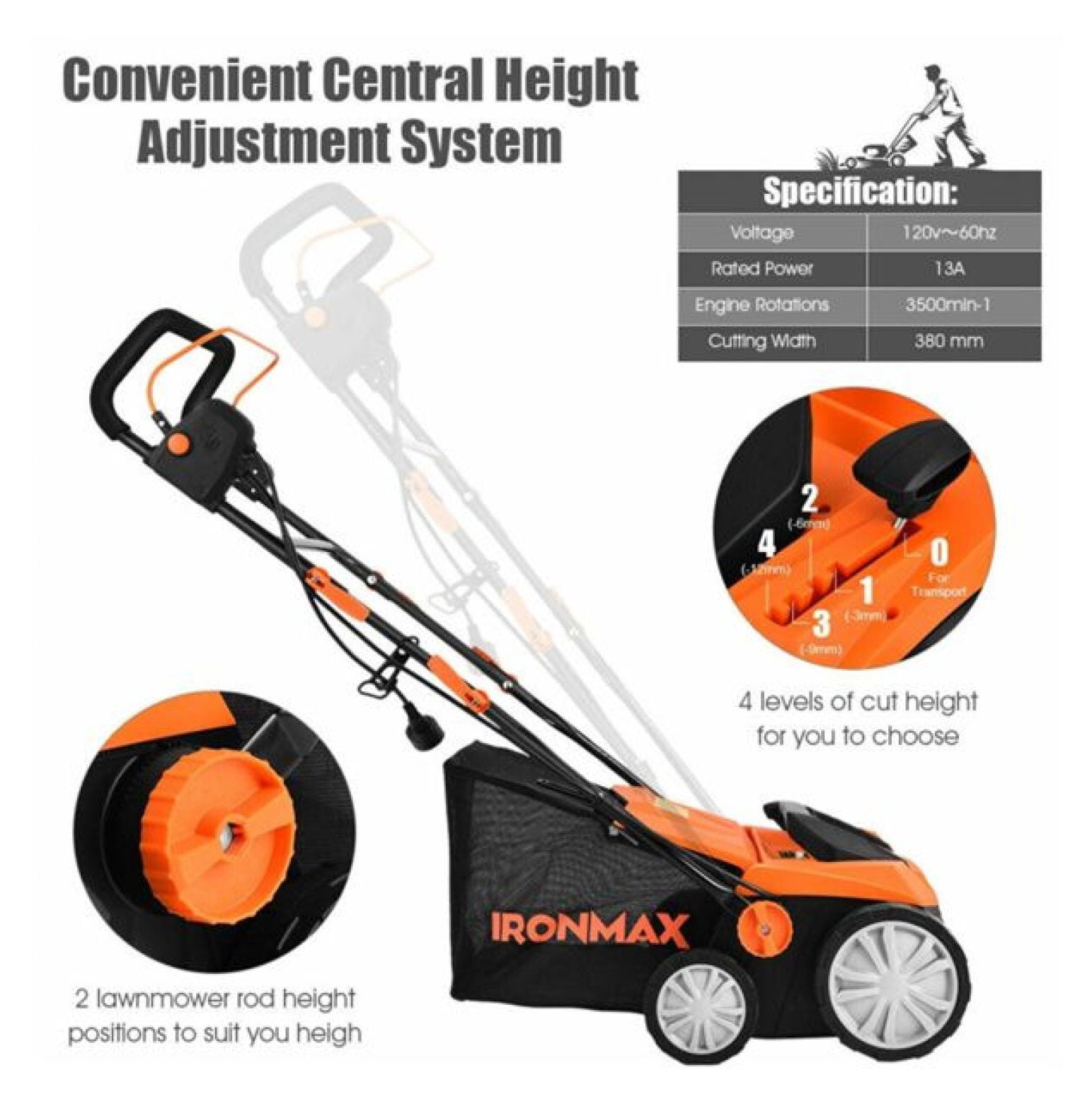 15" Electric Lawn Dethatcher w/ 50L Collection Bag Orange