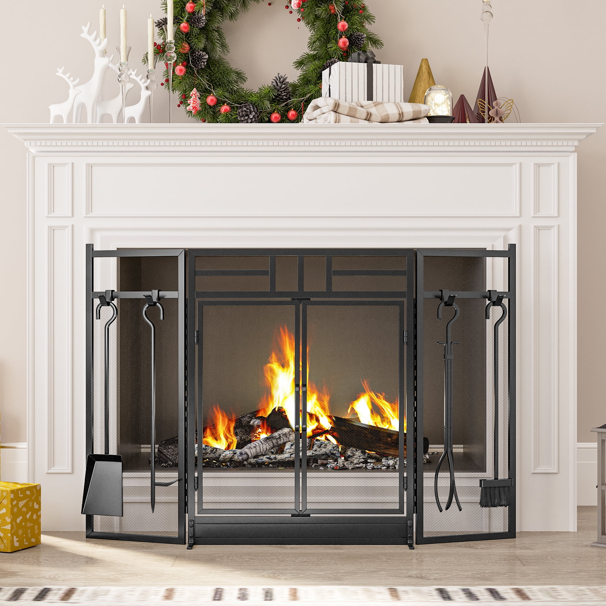 YITAHOME 3Panel Folding Fireplace Screen with Hinged Door, 4