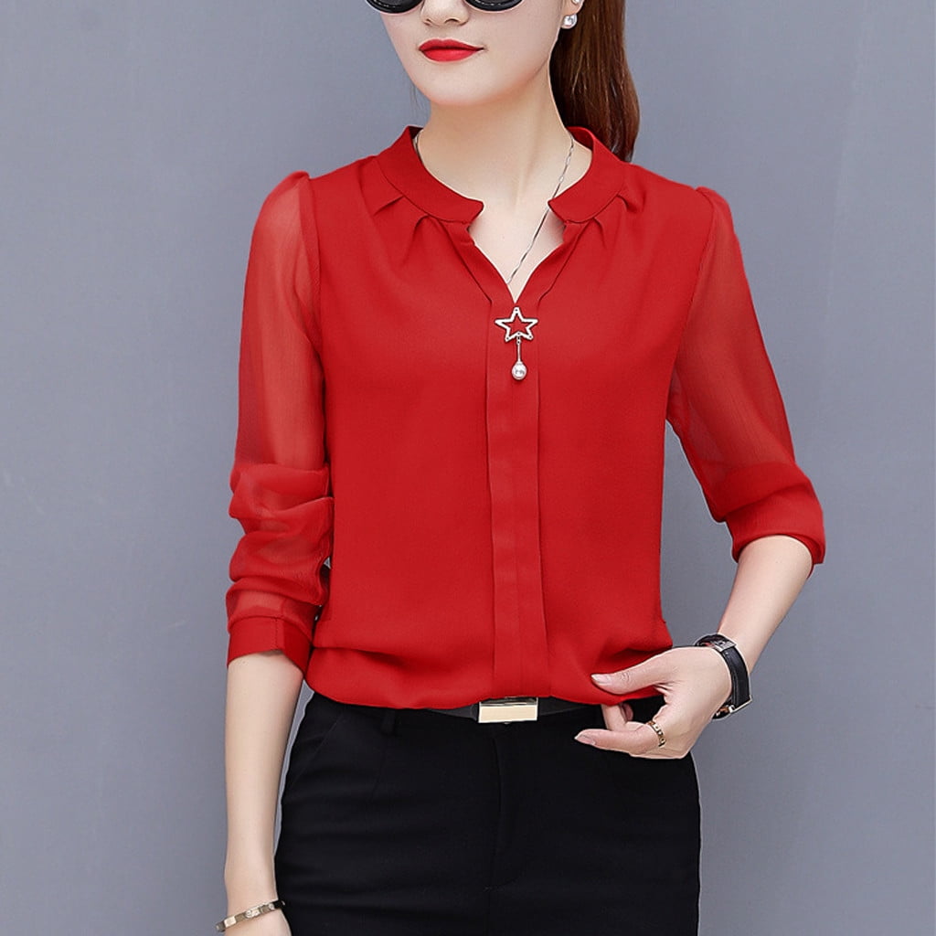 YY-qianqian Womens Casual Solid Color V-Neck Long Sleeved Chiffon Baggy Button Front Shirt 
