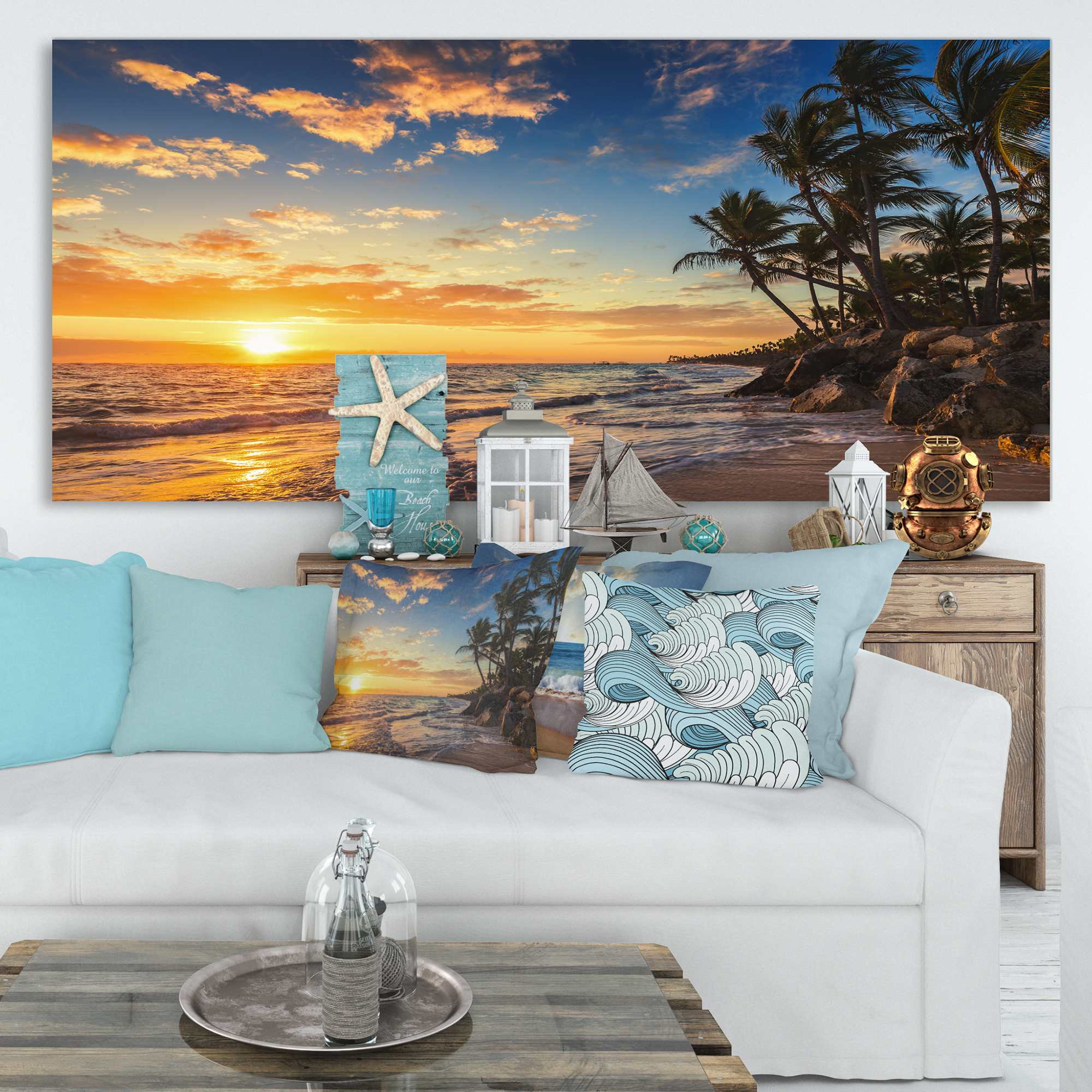 Designart 'Paradise Tropical Island Beach with Palms ' Extra Large Seascape Art Canvas