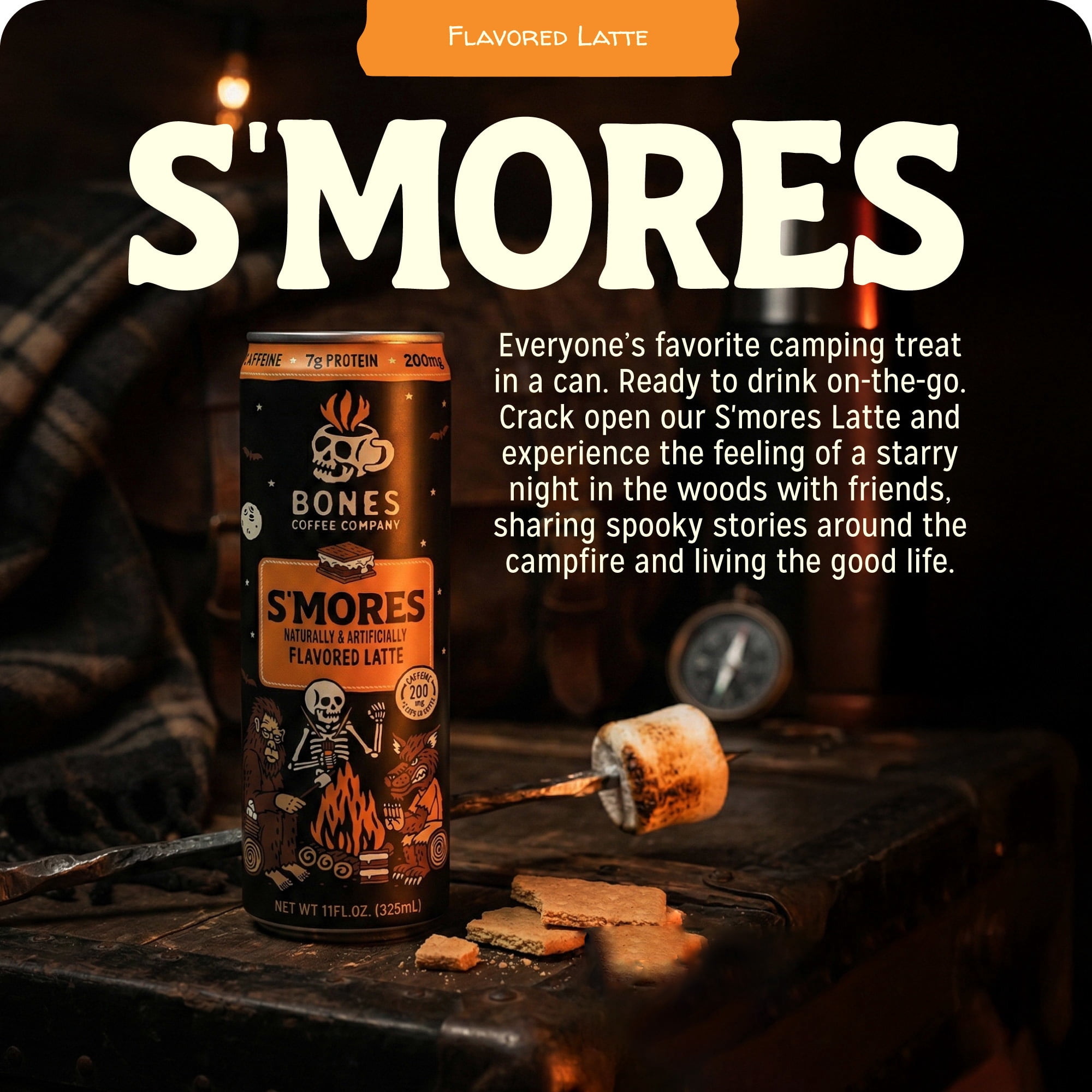 (2 pack) Bones Coffee Company S'mores Flavored Iced Coffee Latte, Ready To Drink Canned Coffee, 11 fl oz Can