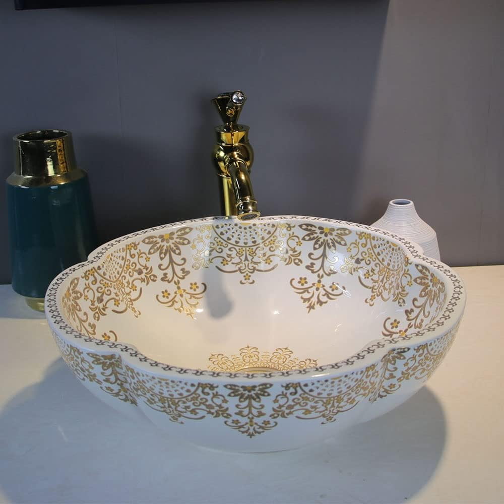 LIQIAONAN Ceramic Vessel Sink Flower Shape For Bathroom White Porcelain Vessel Sinks Golden Pattern Bowl Sinks Above Counter Vanity Top