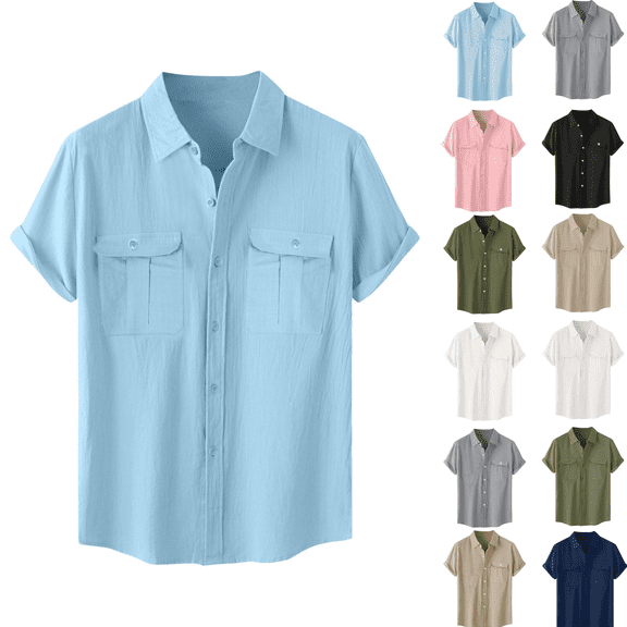 Jinhomg Mens Lightweight Summer Shirts Breathable Cotton Linen Casual Tops Plain Short Sleeve Button Down V-Neck Shirt 2026 Gifts for Male Holiday Clearance Sale Army Green XXXXL