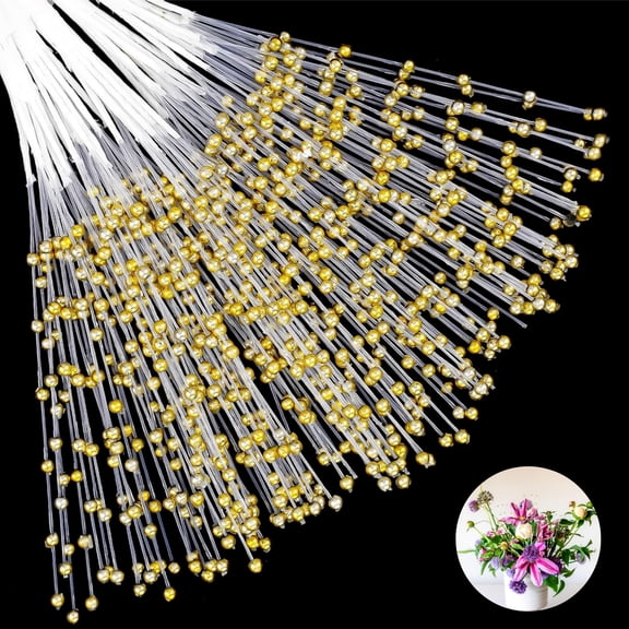 4mm Gold Pearl Flowers Stick QZS Wedding Pearl Floral Picks Christmas Tree Topper Picks 50pcs DIY Beads Garland Accessories