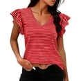 thumbnail image 1 of Craaazy Women's Plus Size Friendly Striped V-Neck Ruffle Short Sleeve Top for Daily Wear, 1 of 6