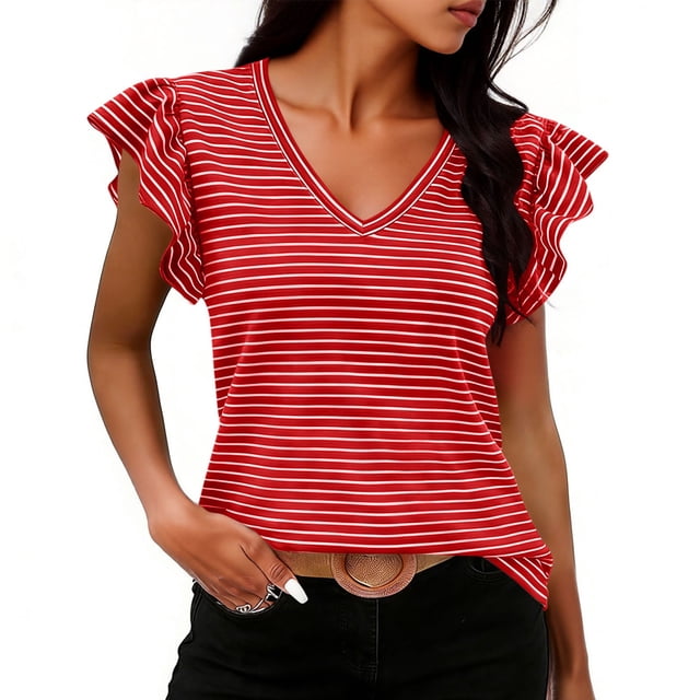 Craaazy Women's Plus Size Friendly Striped V-Neck Ruffle Short Sleeve Top for Daily Wear