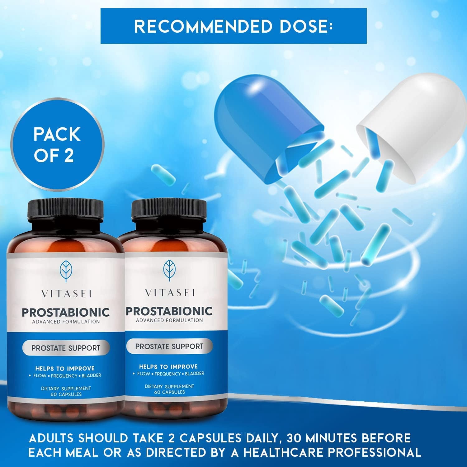 VITASEI Prostabionic Prostate Dietary Supplements for Men W/Saw Palmetto, Bio-quercetin & Pygeum Africanum, Reduce Bathroom Trips, Promotes Sleep & Better Bladder Emptying - 60 Capsules (Pack of 2)