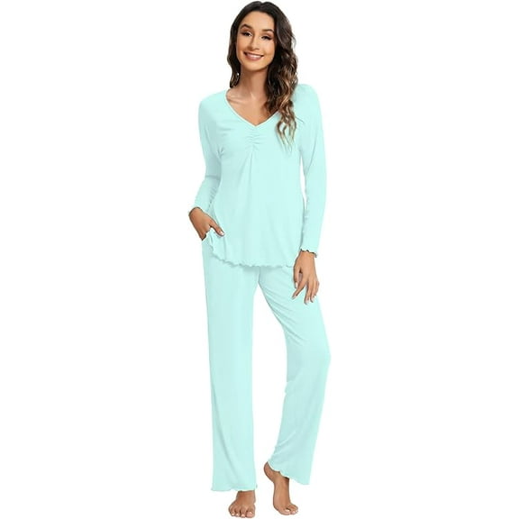 WiWi Womens Viscose from Bamboo Pajamas Set Long Sleeve Top with Pants Sleepwear Soft Knit Pajama Pjs S-XXL, Aqua, X-Large