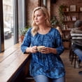 thumbnail image 3 of Plus Size Tops for Women Casual 3/4 Sleeve Blouses Loose Fit Pleated Tie-Dye Blue Shirt, 3 of 8