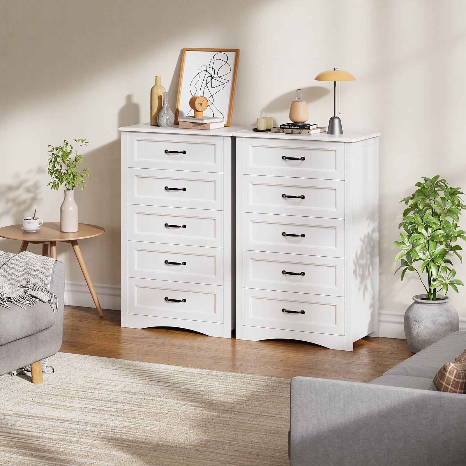 Asofer 5-Drawer White Dresser Cabinet with Metal Handle, Sturdy Wood Chest for Bedroom, Living Room