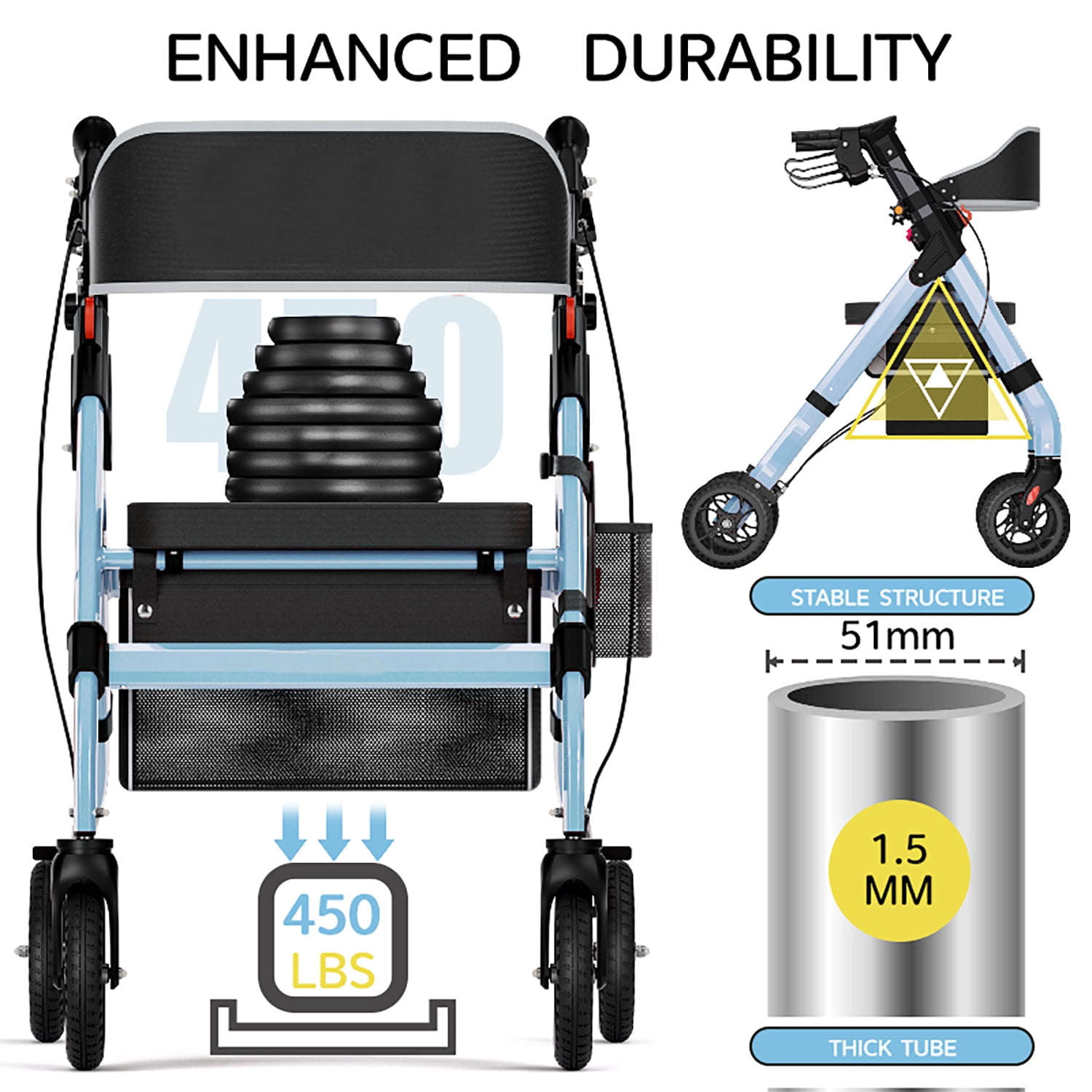 Rollator Walker with Seat for Seniors, Heavy Duty Rolling Walker and Mobility Aid with 450 lb Capacity and 8 Inch Wheels, Blue