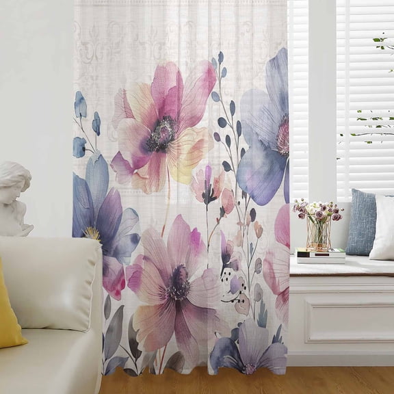 Pink Blue Spring Floral Semi Sheer Curtains Drapes for Living Room,Bedroom,French Doors Window 108 Inches Long,Vintage Summer Botanical Rustic Rod Pocket Chiffon Curtain Drapery Voile Drape Panel