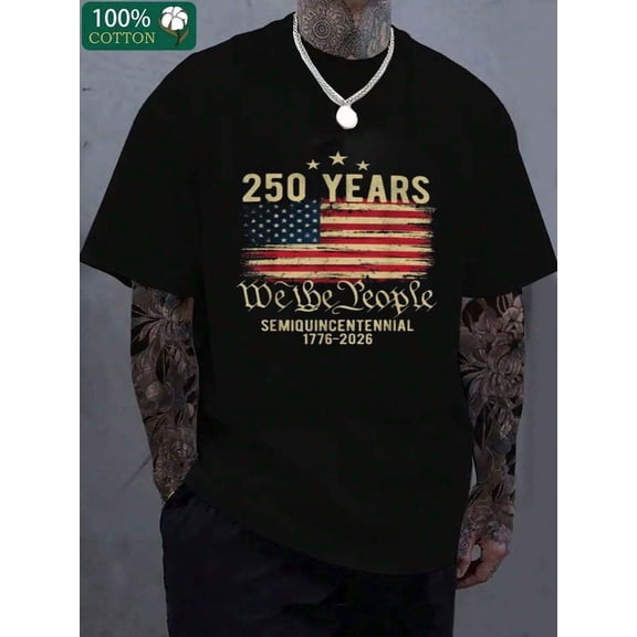 100% Cotton Vintage Faded Distressed American Flag Stars Stripes “We The People” “Semiquincentennial 1776-2026” T-Shirt, Celebrating 250th US Anniversary