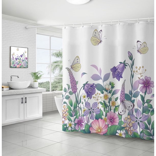 Cortina de ducha de poliéster con flores y plantas, acuarela, para baño, cuatro piezas, separación seca y húmeda, aislamiento, impermeable, para baño