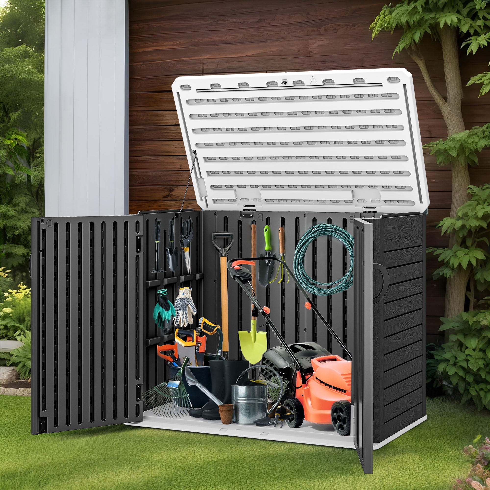 Uforic Outdoor Horizontal Storage Shed with X-Shaped Lockable Door, 35 Cu Ft Weather Resistant Resin Tool Shed, Dark Gray