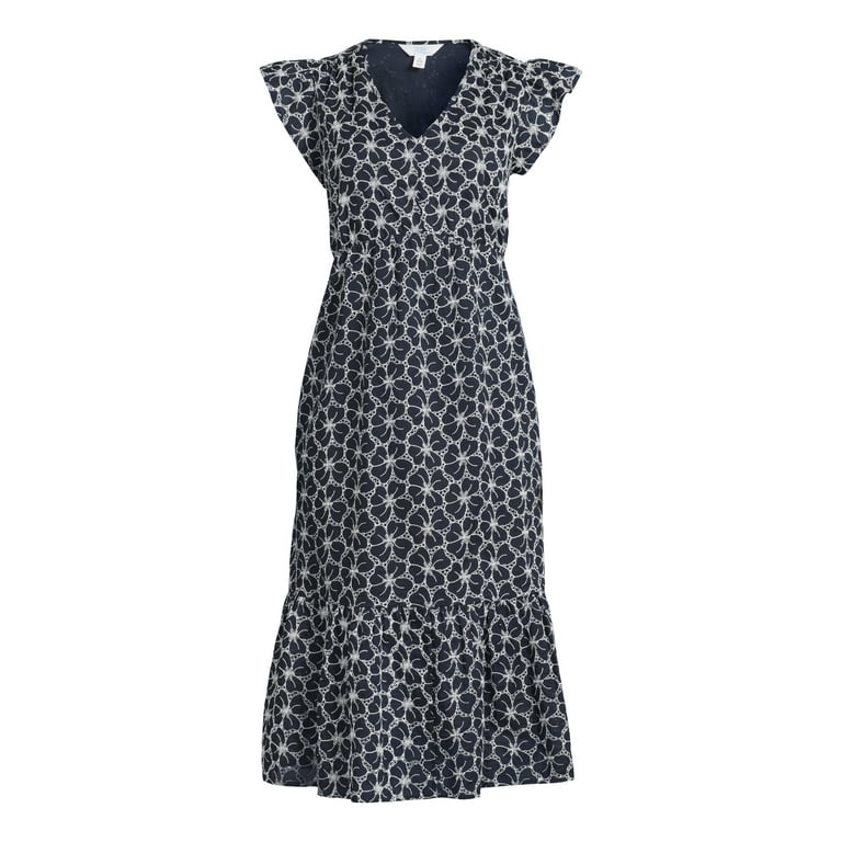 Time and Tru Women s Floral Eyelet Dress with Flutter Sleeves Sizes XS 4X Walmart