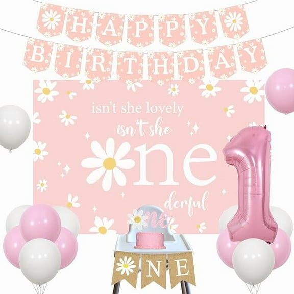 Daisy 1st Birthday Decorations for Girl, Pink and White Balloons Number 1 Foil Balloon, Isn't She Lovely Isn't She Onederful Backdrop, Happy Birthday High Chair Banner Cake Topper