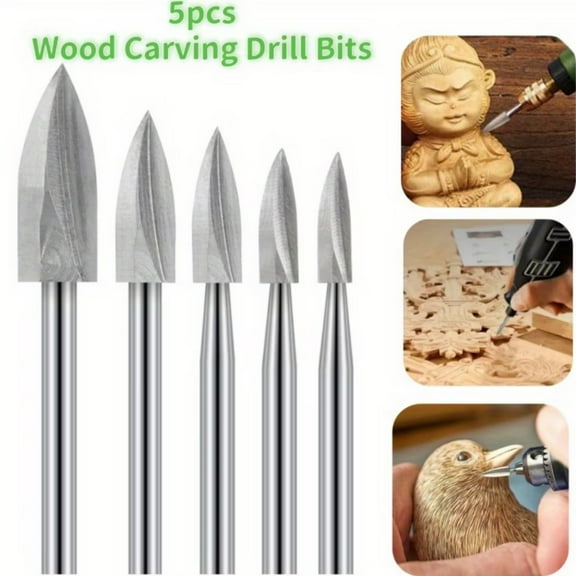 Wood Carving Tools, 5 PCS HSS Engraving Drill Bit Set Wood Crafts Grinding Woodworking Tool 1/8” Shank Universal Fitment for Rotary Tools for DIY Carving Drilling Micro Sculpture