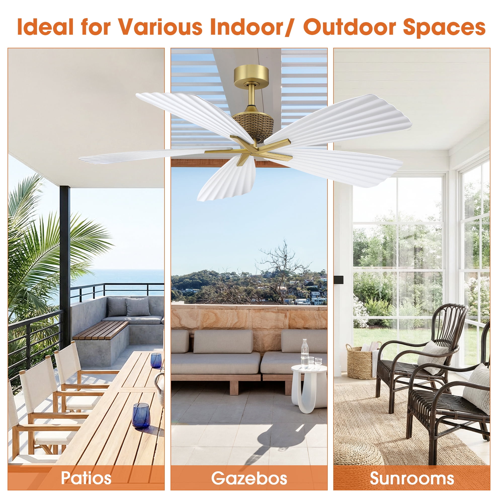 Parrot Uncle 56" Outdoor IP66 Waterproof Tropical Palm Leaf Ceiling Fan with Remote Control, 6-Speed DC Motor, No Light, White ABS Blades