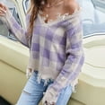 thumbnail image 4 of ICHUANYI Clearance Women's New V-Neck Checkered Print Pullover Loose Short Sweater Tassel Knit 2023 ICHUANYI "ICHUANYI", 4 of 5