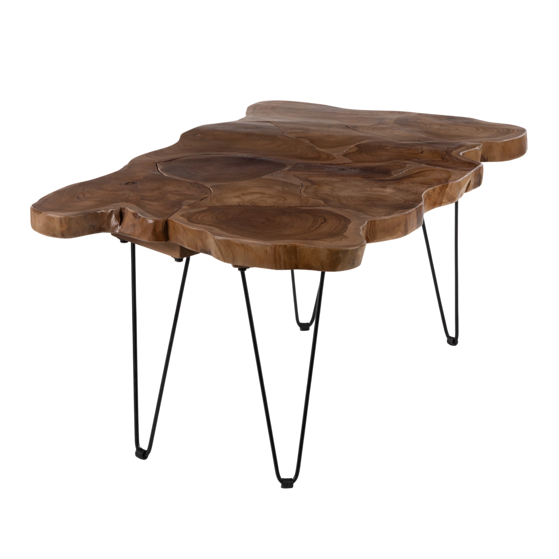 DecMode 43" x 19" Brown Teak Wood Handmade Live Edge Coffee Table with Black Hairpin Legs, 1-Piece