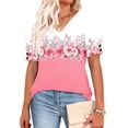 thumbnail image 4 of Uaswgudfs Women's Floral Print V Neck Short Sleeve T Shirt Button Cuff Spring Summer Casual Breathable Loose Fit Top Pink 2XL, 4 of 6