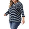 thumbnail image 4 of Blusa casual elegante de rayas de tamaño grande para mujer Agnes Orinda, con mangas 3/4, cuello asimétrico, camiseta de moda 3X en azul oscuro, 4 of 6